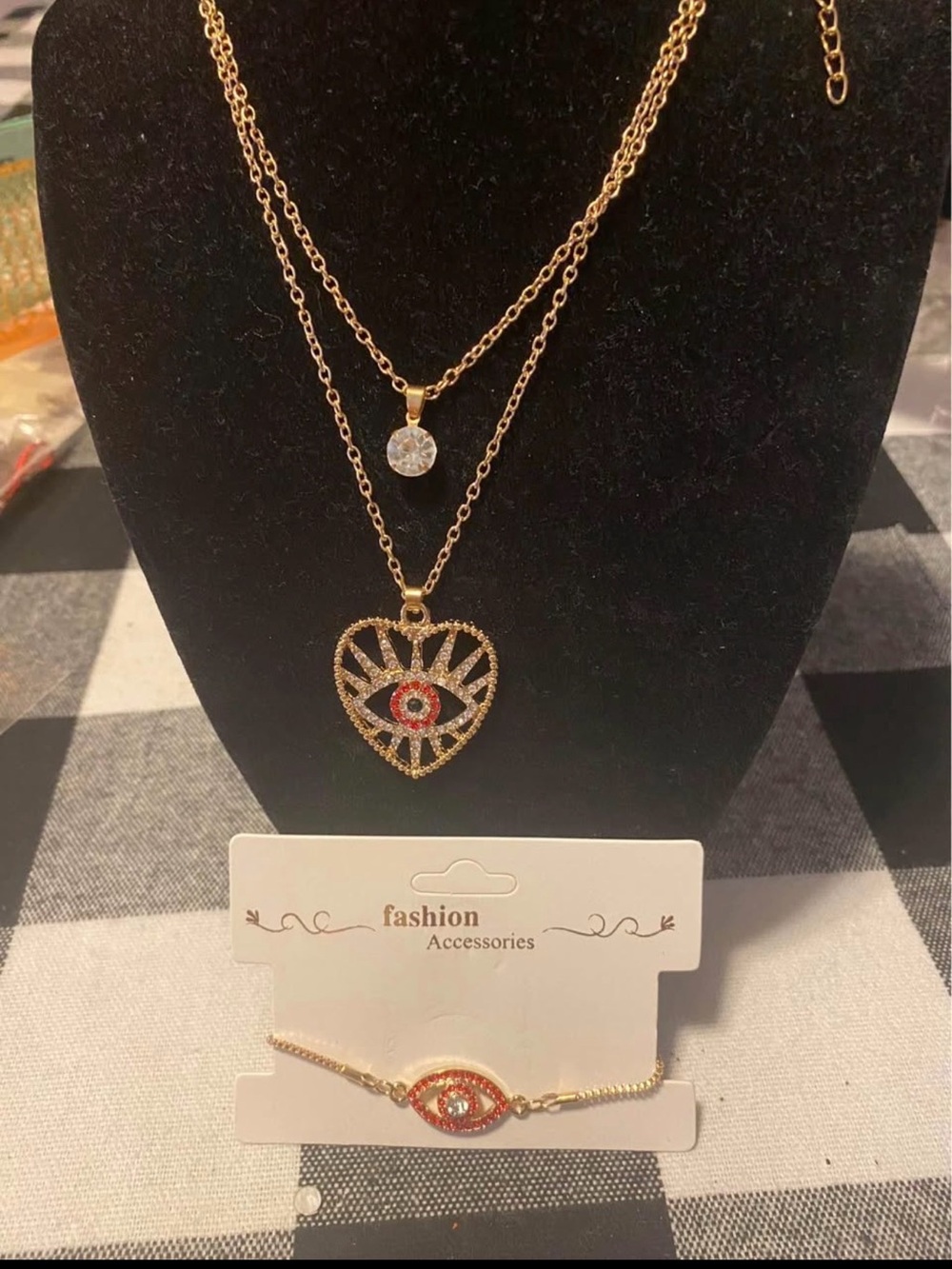 Gold Heart & Evil Eye Layered Necklace with Crystal Accent - Fashion Accessories